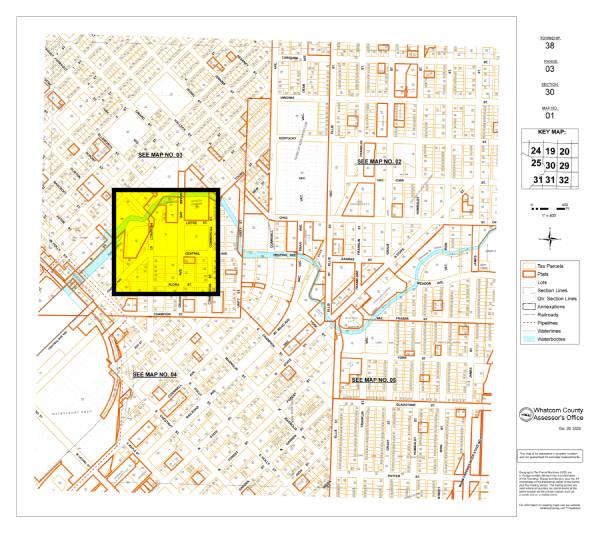 Tax parcel map with an area highlighted on the left side