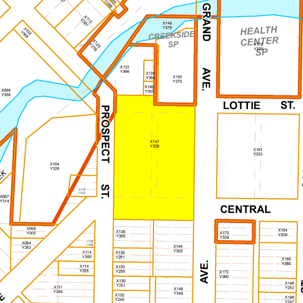 Map zoomed in with the property X 147 and Y 320 highlighted