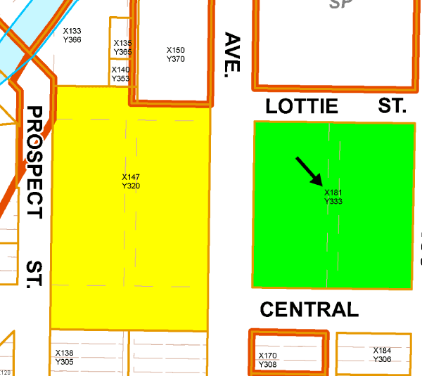 Zoomed in map pointing to a parcel with x 181 and y 333