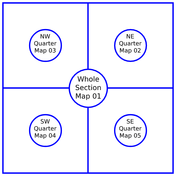 Diagram showing what map sections are 01, 02, 03, 04, and 05