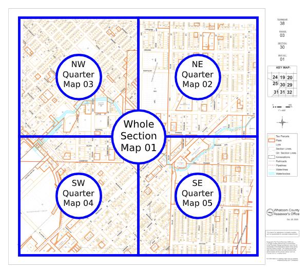 Lines showing an example of what areas on a tax parcel map is sections 01, 02, 03, 04, and 05