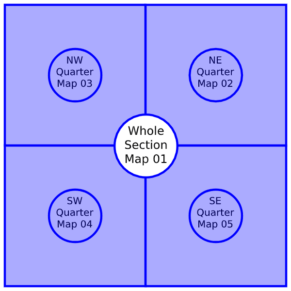 Map diagram highlighting all four quarter areas indicating that is the whole section map 01