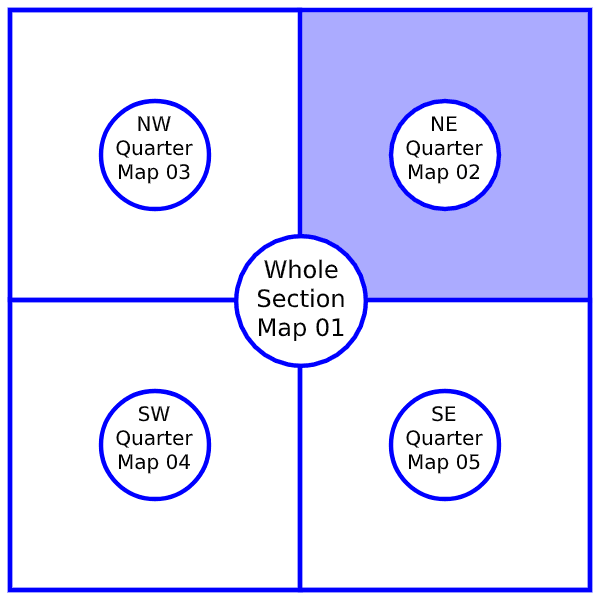 Map diagram highlighting the NE quarter map 02 section in the upper right corner