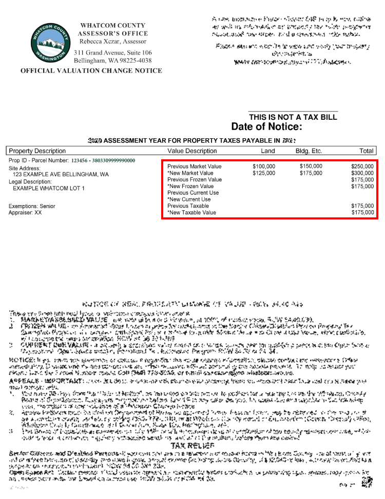 Valuation change notice example
