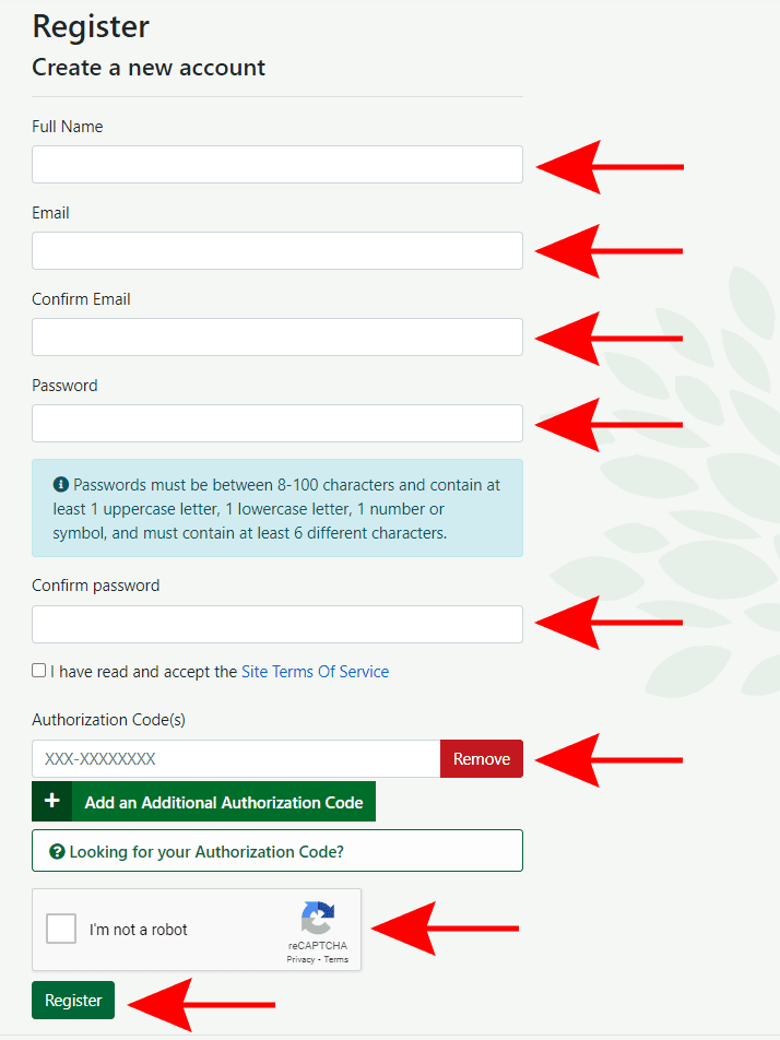 Arrows indicating to fill out the required fields: full name, email address, username, and password