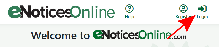 Arrow indicating where the member login button is on the eNotices Online website