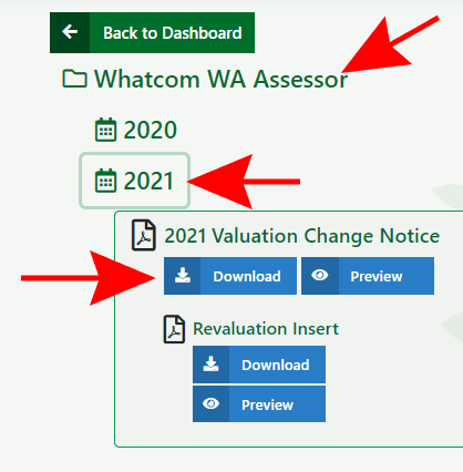 Arrows indicating to click on Whatcom WA Assessor, then 2021, then the download or preview buttons