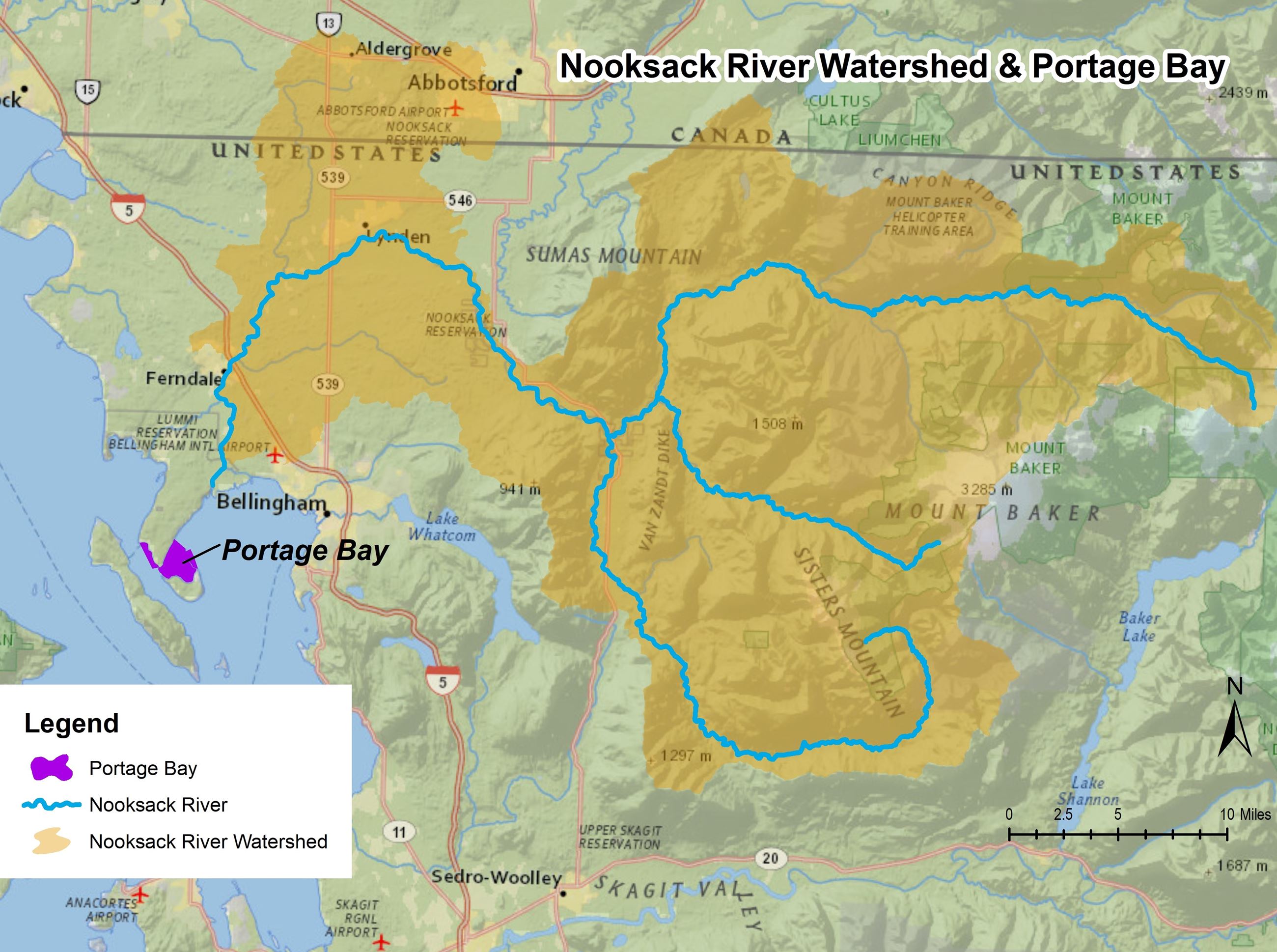 Map of Whatcom County showing Nooksack River Watershed and Portage Bay Shellfish-Growing Area