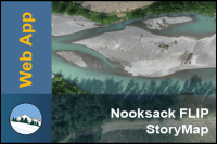 Braided blue river with text that reads, \"Web App. Nooksack FLIP StoryMap\"